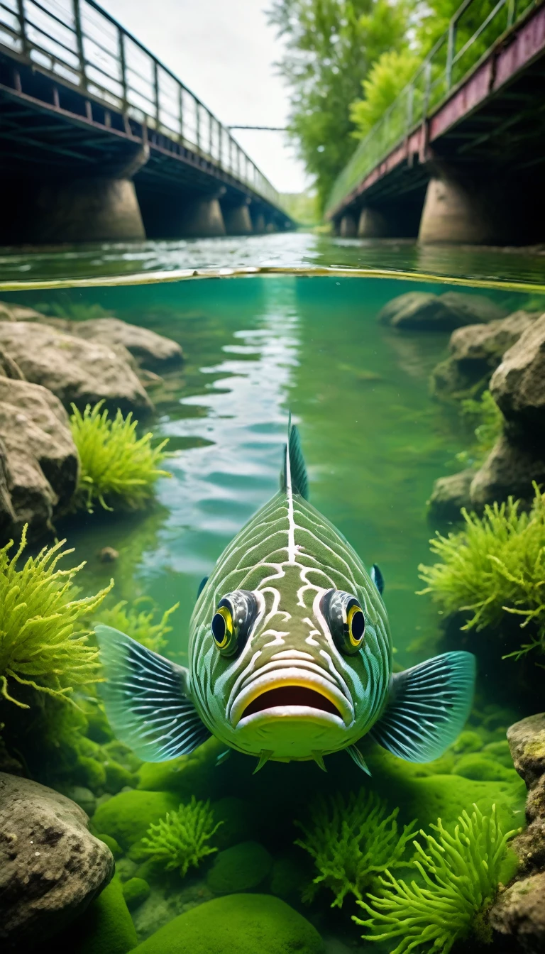 wide angle photo, under the river with algae and plants, a horrible and strange fish