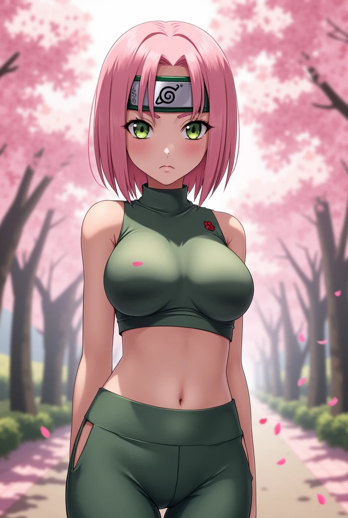 ((Ultra quality)), ((Masterpiece)), Sakura Haruno, Naruto, ((short pink hair)), (Beautiful cute face), (beautiful female lips), charming, ((sexy facial expression)), Look at the camera, eyes slightly open, (White skin color), (blue skin), glow on the body, ((beautiful detailed female eyes)), ((green eyes)), (juicy female lips), (black eyeliner), (beautiful female hands), ((Ideal female figure)), ideal female body, Beautiful waist, beautiful thighs, beautiful small breasts, ((subtle and beautiful)), lies tantalizingly (closeup of face), (Sakura Haruno, tight black leggings) bottom: hidden leaf town, Naruto shippuden, ((depth of field)), ((high quality clear image)), (clear details), ((high detail)), realistically, professional photo shoot, ((clear focus)), cheered up