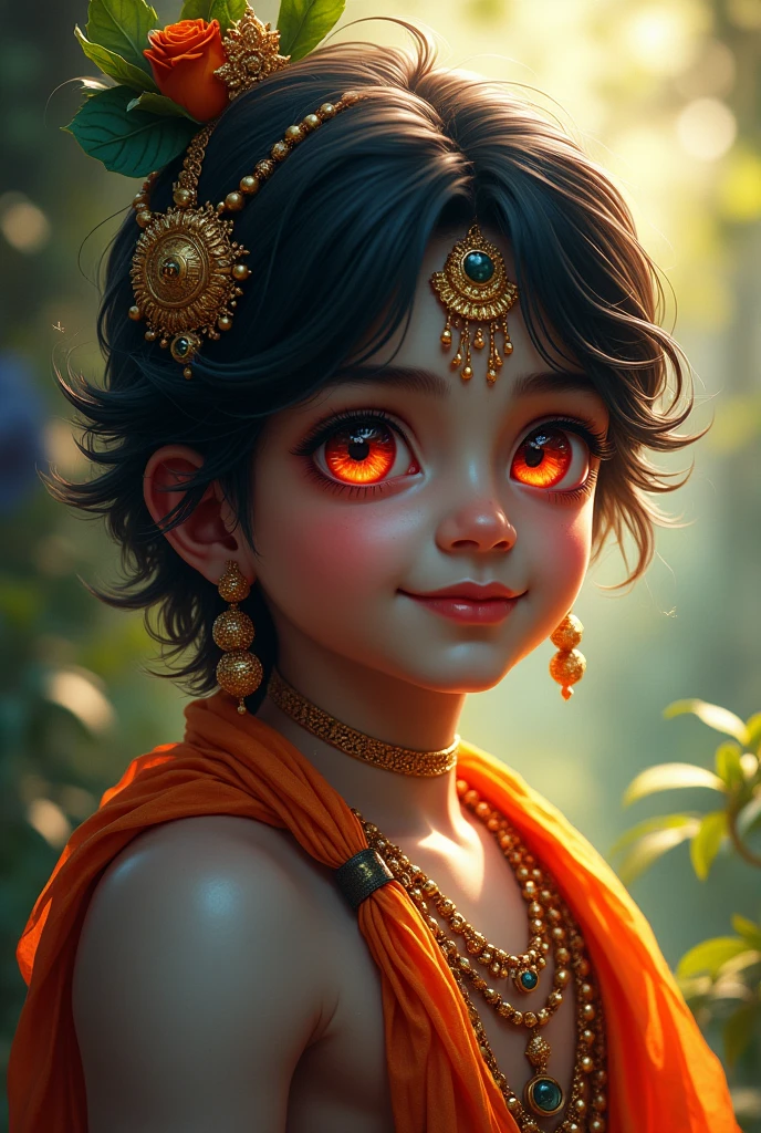 Youth krishna with red eyes shining like sun and moon beautiful