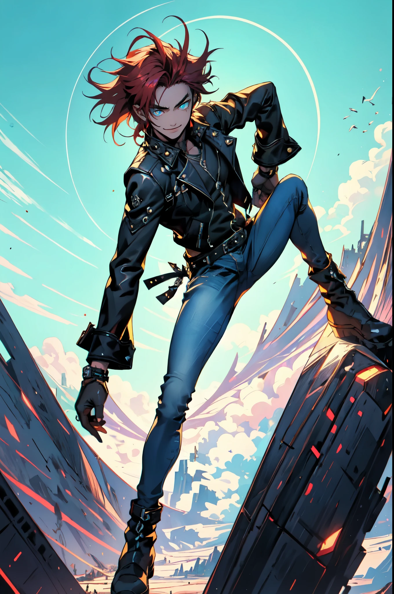 (masterpiece:1.2, best quality:1.2, extremely delicate:1.2), ((male:1.5)), a young man with messy red hair, a leather strap tied around his forehead, a handsome face, bright eyes, a rebellious smile, a slender build, a futuristic fantasy-style black and white leather jacket, dark jeans, hiking boots, he is making an exaggerated leap above the city, this character embodies a finely crafted futuristic fantasy-style rogue in anime style, exquisite and mature manga art style, dramatic, high definition, highres, ultra-detailed, ultra-fine painting, professional, perfect body proportions, golden ratio, anatomically correct, symmetrical face, extremely detailed eyes and face, high quality eyes, creativity, RAW photo, UHD, 32k, Natural light, cinematic lighting, (masterpiece-anatomy-perfect:1.2)