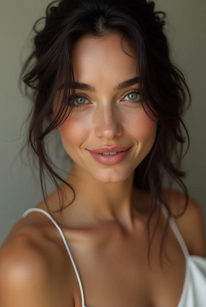 Crea una chica morocha de ojos verdes y con todos los estándares de belleza del cuerpo de una mujer; hermosa nariz y labios que este sonriendo y vistiendo un seductor vestido color piel.