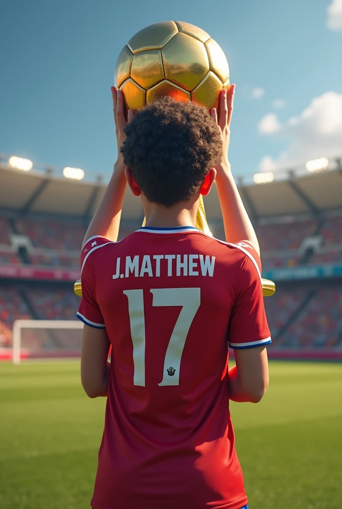 A teenager with the world cup, with the Costa Rica shirt, with the name J.MATTHEW and with number 17 with curly hair 