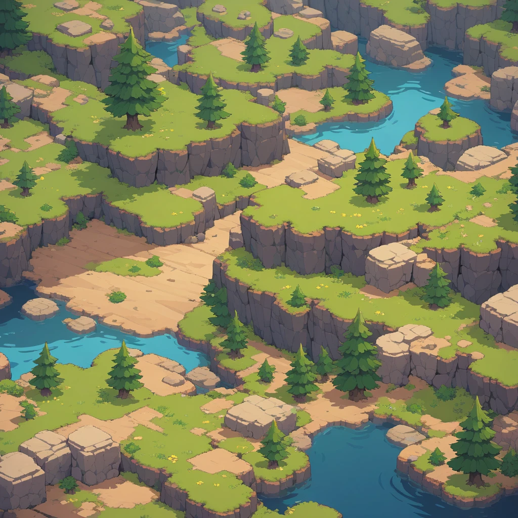 Retro video game style, pixelated, vibrant colors, 8-bit characters, blocky shapes, sharp lines, detailed shading, classic gaming vibe, nostalgic atmosphere, classic arcade games. Masterpiece:1.2, ultra-detailed, illustration style. 2D texture, stone texture, 4K seamless mud texture, video game texture, dirt texture. Game tiles, grass, 3/4th perspective trees, 3/4th perspective tileable rock texture, 3/4th perspective tileable cliff formations, tileable trees, top-down view, tileable texture. Very detailed cliff texture, intricate stones.

Mountain Terrain: Diverse mountain shapes and elevations, including peaks, ridges, and valleys.

Texture Detail: High resolution with intricate details like rocky surfaces, crags, and natural erosion patterns.

Seamless Pattern: Ensure that the edges of the tile seamlessly align with adjacent tiles to create a continuous and coherent mountain range when repeated