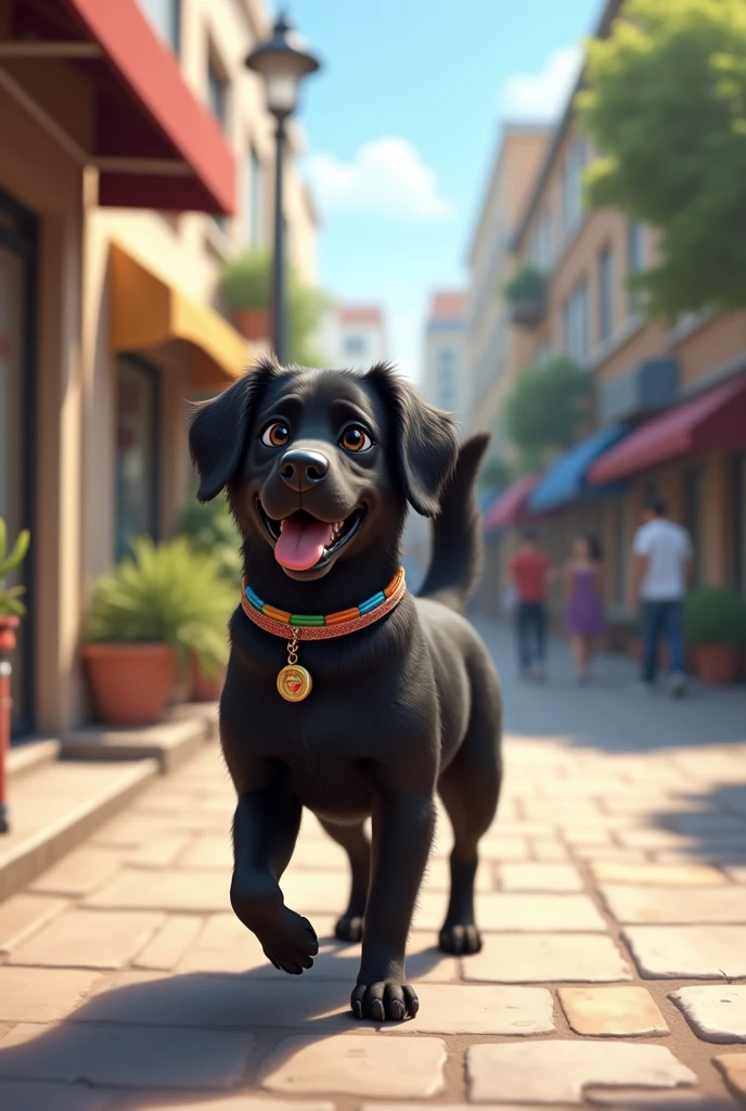 "Imagine an urban scene in which a little black dog is happily walking down the street.. The dog is medium sized, with a shiny black coat and a lively, friendly expression. She is walking on a paved sidewalk, with residential buildings or shops in the background. Along the street, You can see details like benches, Headlights, and perhaps some bushes or potted plants. Daylight illuminates the scene, creating soft shadows and highlighting the dog's fur. She is wearing a colorful necklace and seems to be enjoying her walk., with its tail held high and ears alert. Passersby may be visible in the background, But the main attention is on the dog and her quiet walk.. The image should convey a sense of urban life and the simple joy of a walk down the street.."