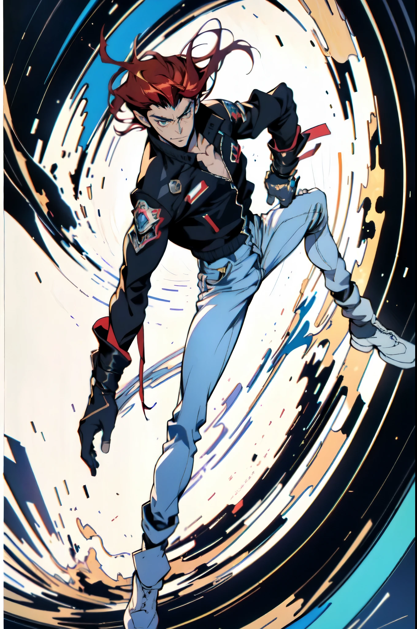 (masterpiece:1.2, best quality:1.2, extremely delicate:1.2), ((male:1.5)), a young man with messy red hair, a leather strap tied around his forehead, a handsome face, bright eyes, a rebellious smile, a slender build, a futuristic fantasy-style black and white leather jacket, dark jeans, hiking boots, he is making an exaggerated leap above the city, this character embodies a finely crafted futuristic fantasy-style rogue in anime style, exquisite and mature manga art style, dramatic, high definition, highres, ultra-detailed, ultra-fine painting, professional, perfect body proportions, golden ratio, anatomically correct, symmetrical face, extremely detailed eyes and face, high quality eyes, creativity, RAW photo, UHD, 32k, Natural light, cinematic lighting, (masterpiece-anatomy-perfect:1.2)