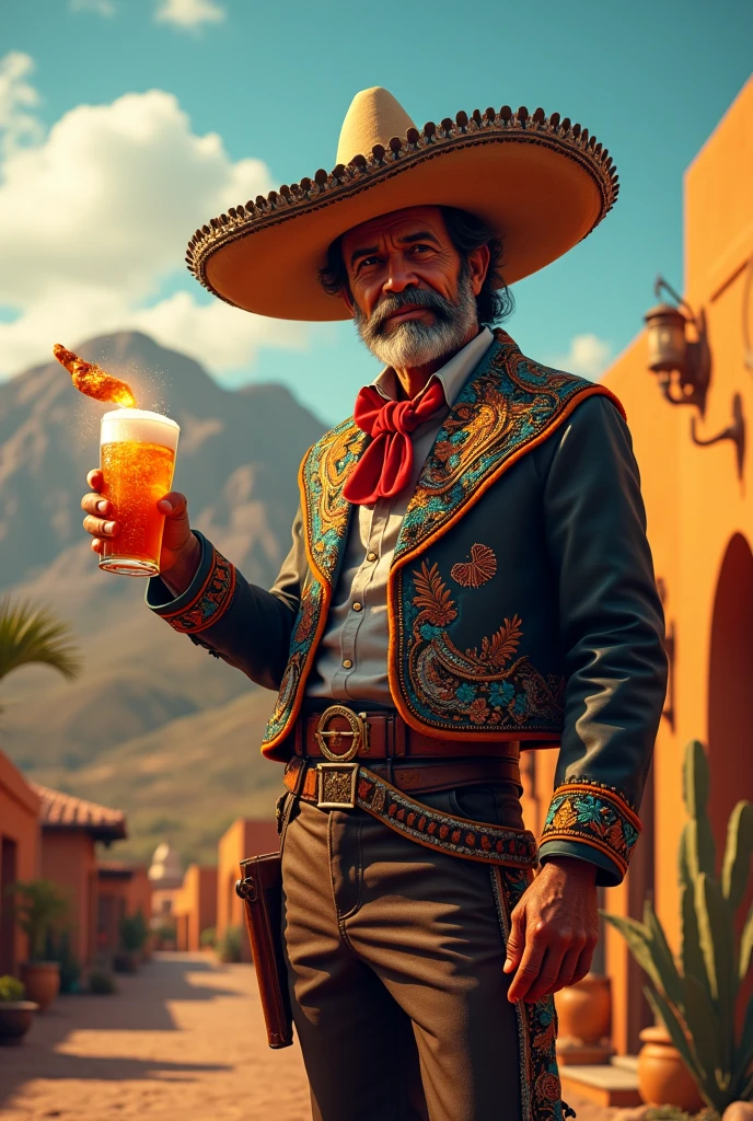 mexican charro grabbing a hot wing and a beer

