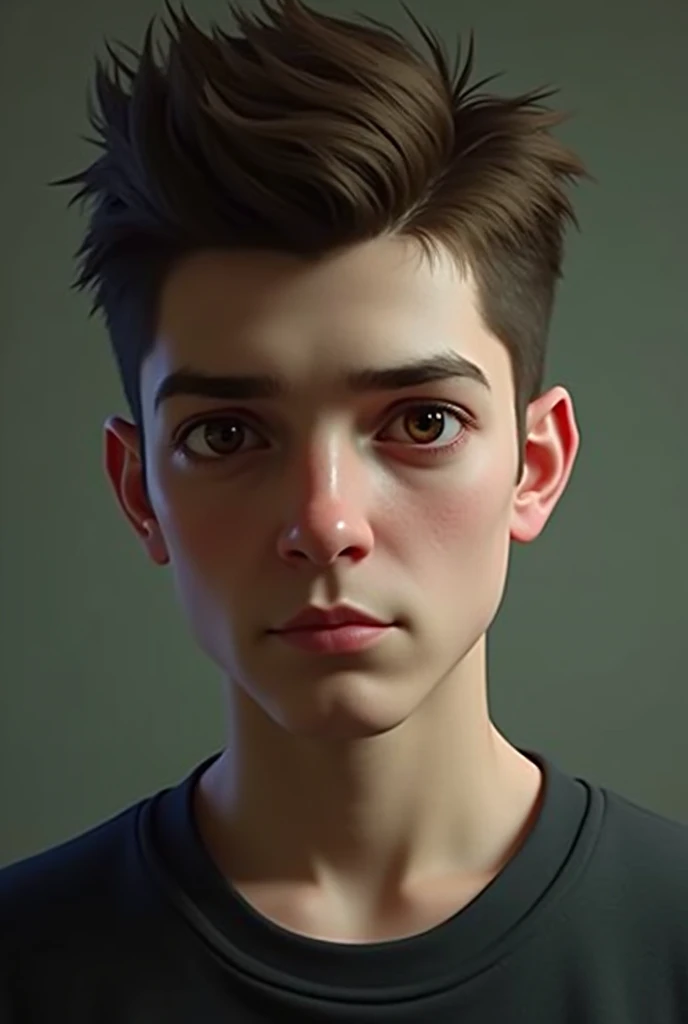 18 year old boy, Her hair is short brown and combed upwards., your eyes are brown, Her skin is white, square face, His expression is serious and cold, He is a bad person, Manipulator, narcissist, self-centered, Digital realistic illustration of video game characters
