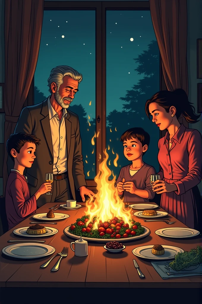 Make me a family dinner and have the parents be 40 years old, that they are with their children, comic style A little dark