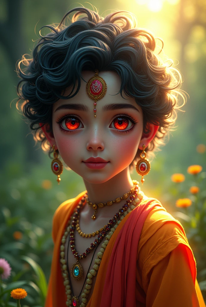 Youth krishna with red eyes shining like sun and moon beautiful