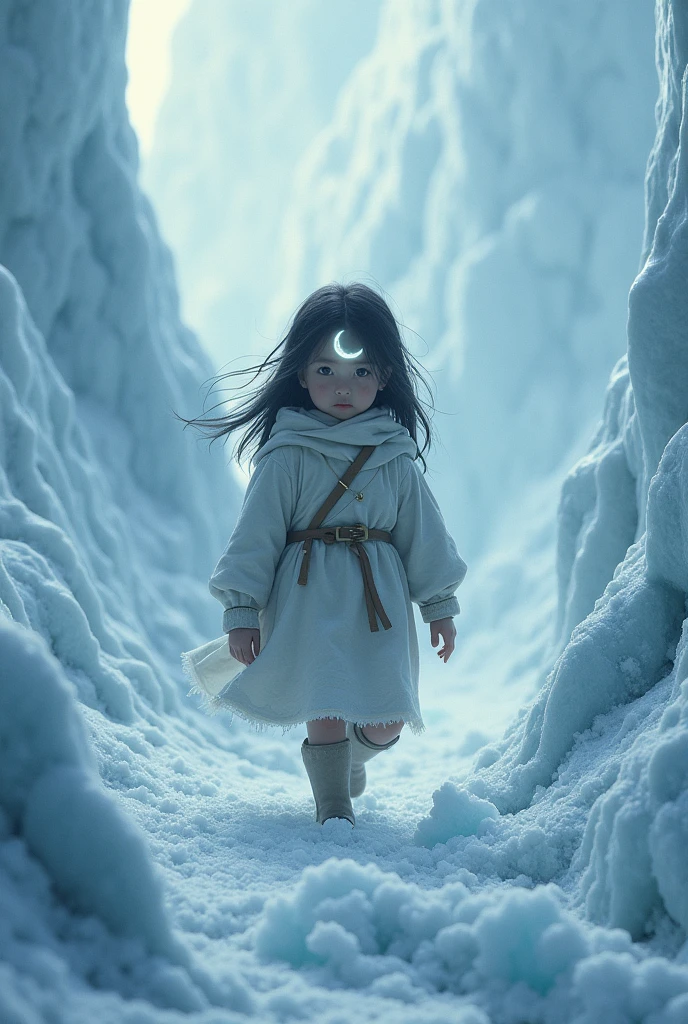 an image where a girl enters an inhospitable environment. The environment is cold and full of sharp ice.. On his forehead you can see the symbol of the Moon.