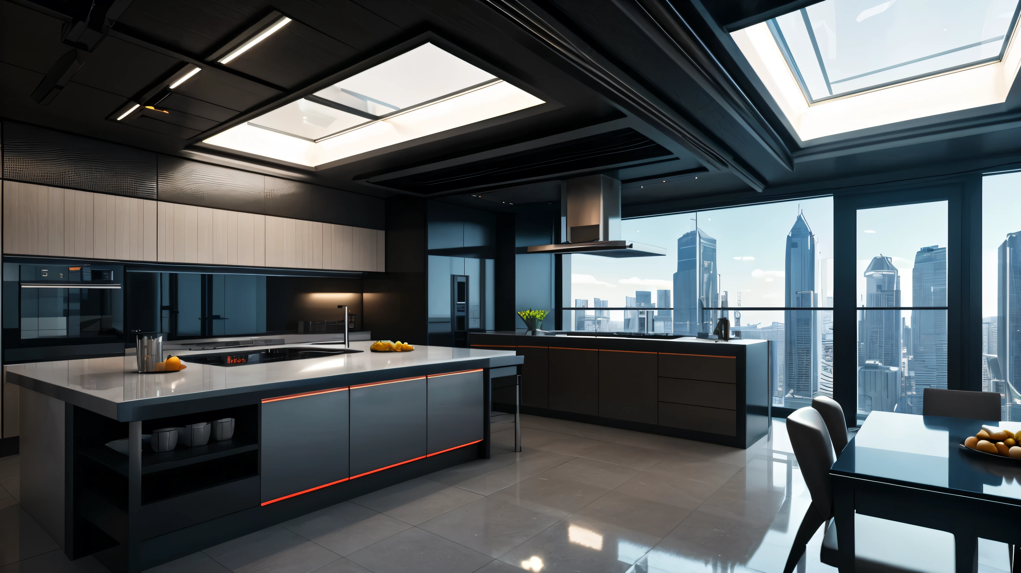 scifi, architectual, cyberpunk, futuristic, luxury kitchen, hightech, hard-surface design, daylight, much space, very cozy, ambient light, realistic view, wide angle, year 2124