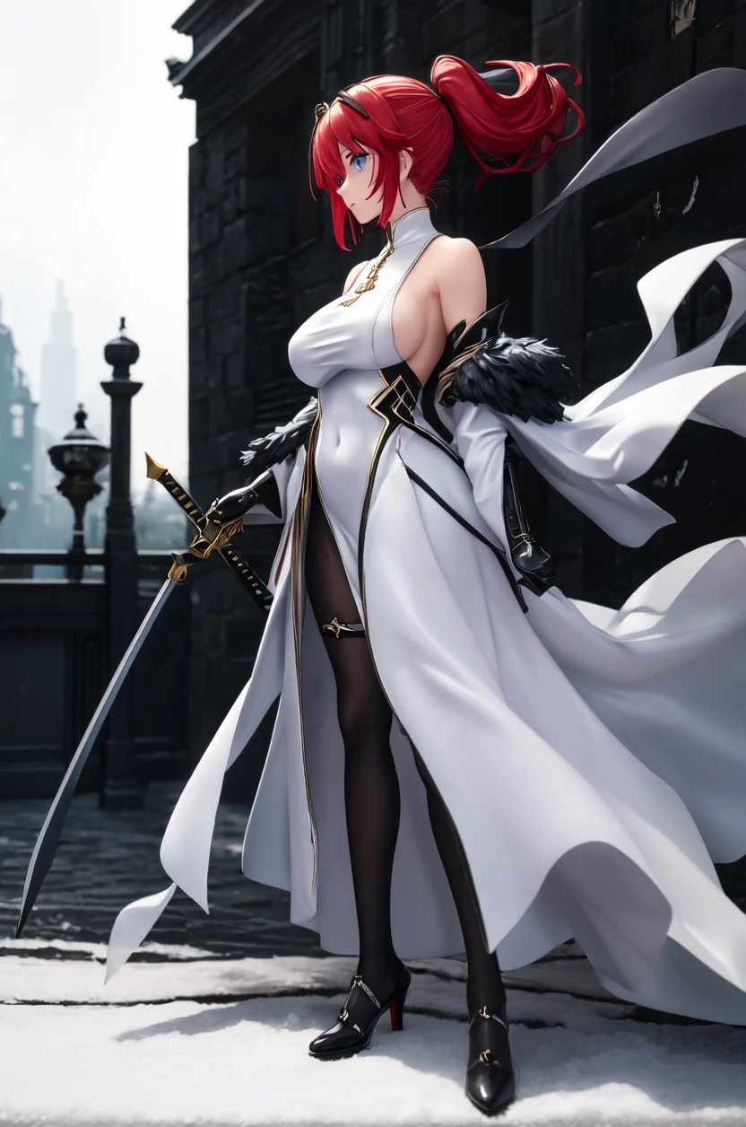 masterpiece, best quality, ultra detailed, looking at viewer, intricate details, rich colors, sharp focus, volumetric lighting, dramatic atmosphere, looking at viewer, 8k, 4k,light particles, highly detailed, detailed eyes, solo, (hair over eyes:1.1), split ponytail, clothing cutout, earrings, jewelry, miniskirt, white skirt, leotard, white jacket, long sleeves, Big , arms behind head, crossed legs,