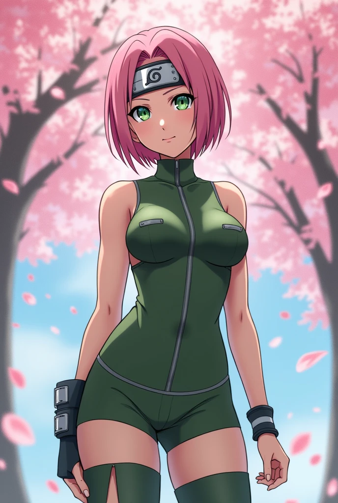 head of'artwork, La meilleure qualité au mieux, 1fille, sakura haruno, mediuml breasts, ssmile,with pink hair, cheveux courts et blancs, (Globes oculaires verts:1.4), Protection du front, the cherry trees,Flying cherry blossoms,Thigh slit, green short tight pants , tenue du corps, Tight Short Pants,