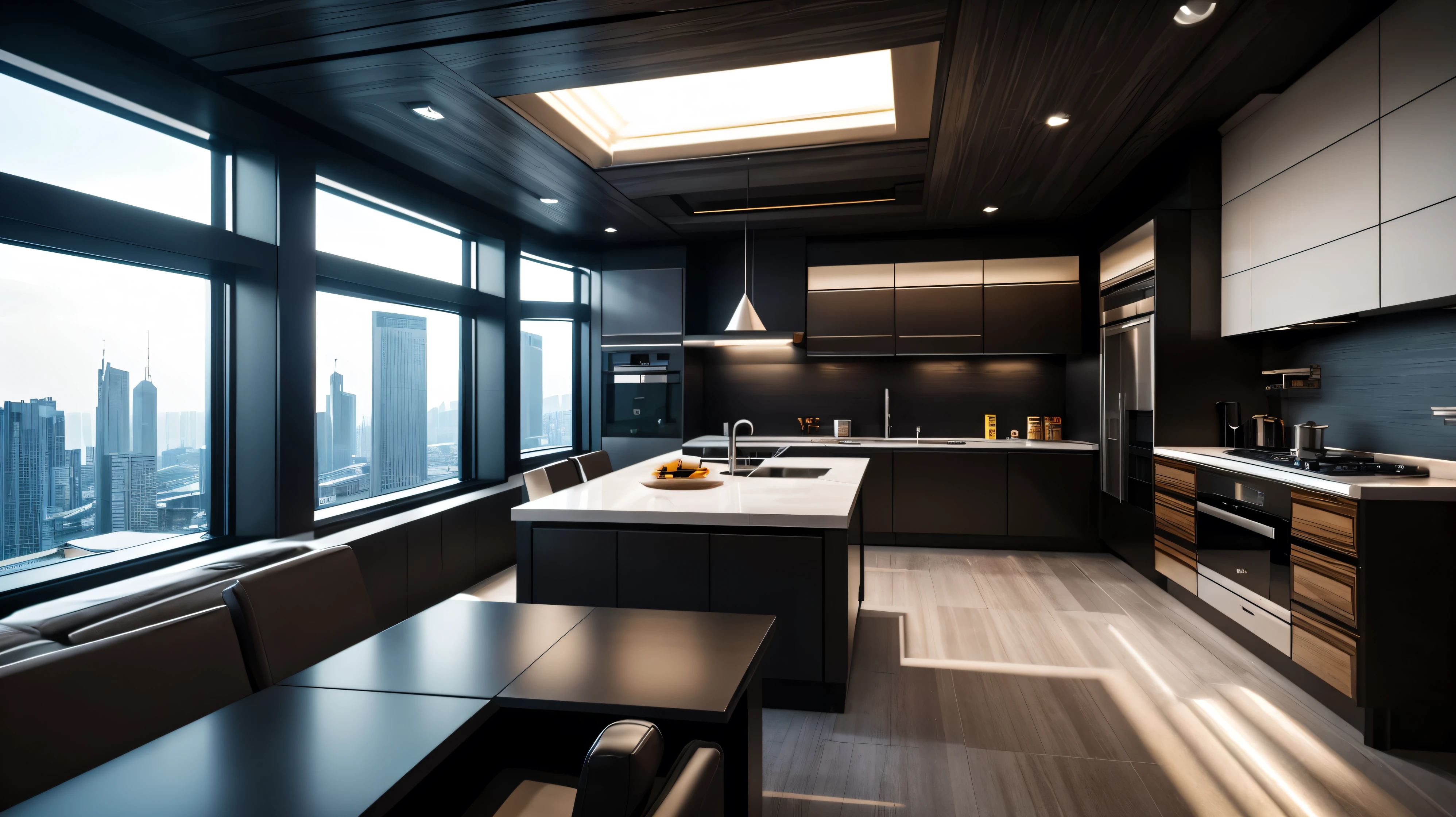 scifi, architectual, cyberpunk, futuristic, luxury kitchen, hightech, hard-surface design, daylight, much space, very cozy, ambient light, realistic view, wide angle, year 2124