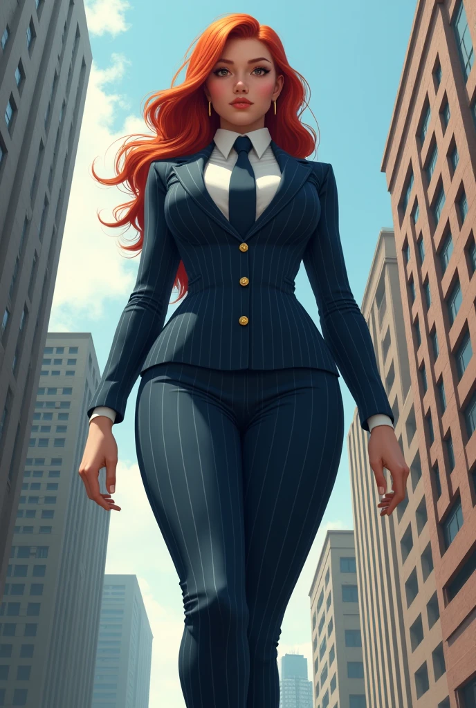 Giantess, larger than a city, big breasts, long red hair, navy pinstriped suit, white shirt, wide dar blue tie, Windsor knot, whole body view, rounded court heels.