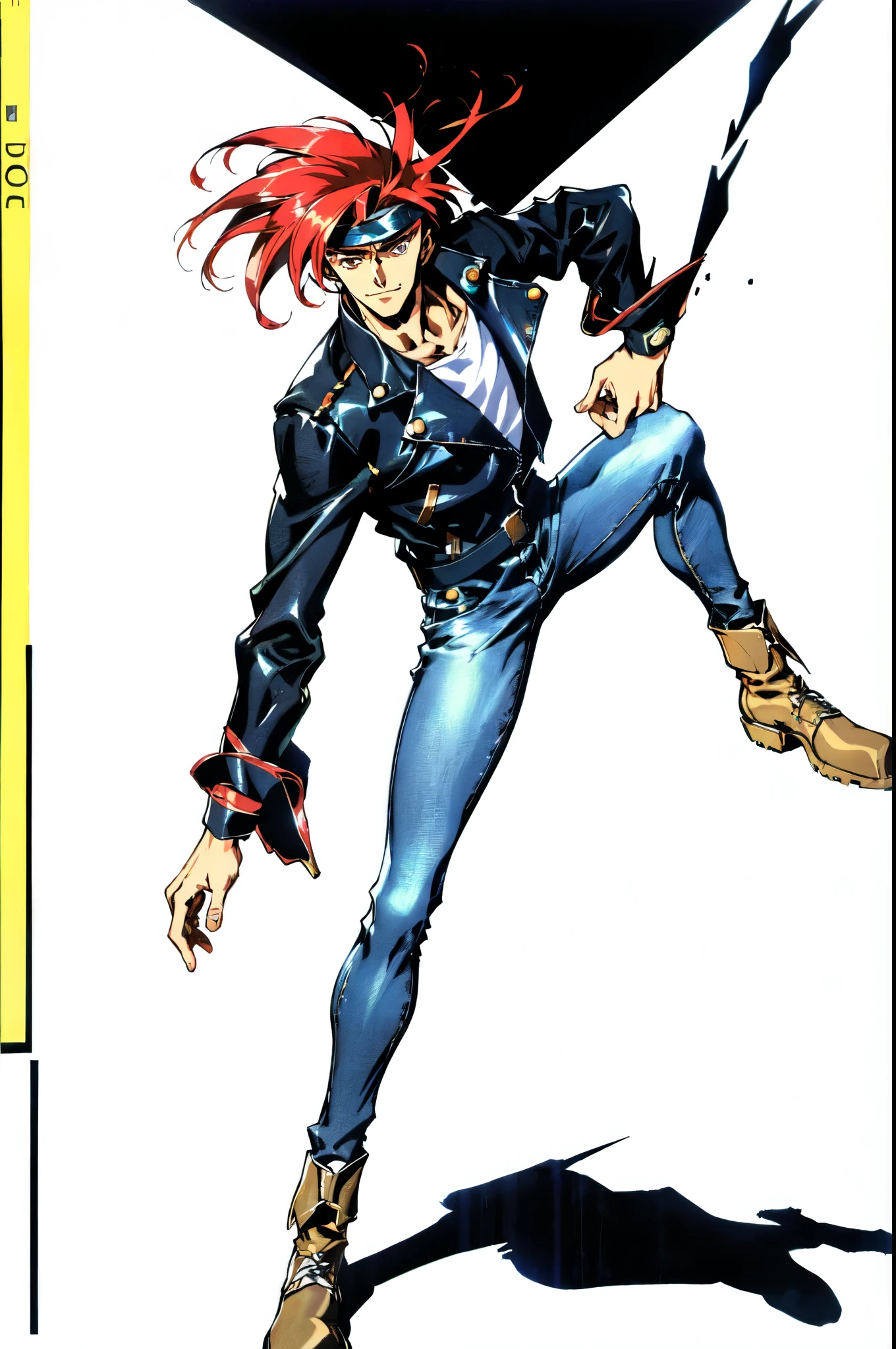 (masterpiece:1.2, best quality:1.2, extremely delicate:1.2), ((male:1.5)), a young man with messy red hair, a leather strap tied around his forehead, a handsome face, bright eyes, a rebellious smile, a slender build, a futuristic fantasy-style black and white leather jacket, dark jeans, hiking boots, he is making an exaggerated leap above the city, this character embodies a finely crafted futuristic fantasy-style rogue in anime style, exquisite and mature manga art style, dramatic, high definition, highres, ultra-detailed, ultra-fine painting, professional, perfect body proportions, golden ratio, anatomically correct, symmetrical face, extremely detailed eyes and face, high quality eyes, creativity, RAW photo, UHD, 32k, Natural light, cinematic lighting, (masterpiece-anatomy-perfect:1.2)