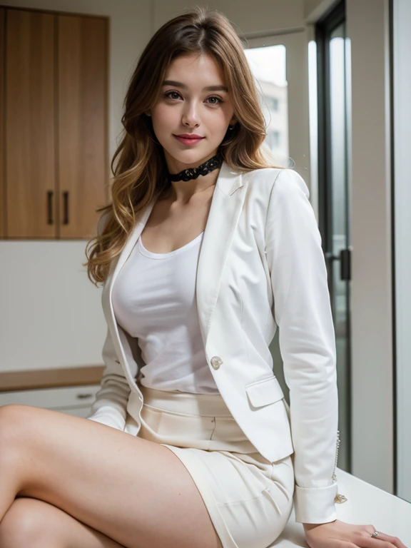 (Best quality, 32k, Raw photo, UHD), lifelike rendering, A stunning beautiful European woman, 24-year-old, 1girl, solo, 24yo, medium blonde wavy hair, double eyelids, beautiful blue eyes, detailed facial, perfect round medium breasts, (cleavage:0.7), beautiful hand, wide hips, slender legs, perfect body, glamorous figure, (pale skin:1.2), clean skin, detailed skin texture, skin pores. (Genuine:1.4), She wears female office suit, (white Long-Sleeve round Thin T-Shirt:1.7), (woman suit jacket:1.8), (black choker:1.5), Lingerie bra, (loose skirt:1.2), (shiny lace pantyhose:1.3), high heels. Sits on a staircase, which is the central object. With legs crossed in a relaxed manner. The pose suggests a casual yet confident demeanor. The background features a modern architectural style with glass and concrete elements, providing a sleek and contemporary feel to the setting. (eyes to the camera, looking at the viewer, smile warmly), messy hair. The overall composition of the image suggests a blend of fashion and urban design. (Film grain:1.3), photorealistic, bokeh, realism, 8k, epiC35mm