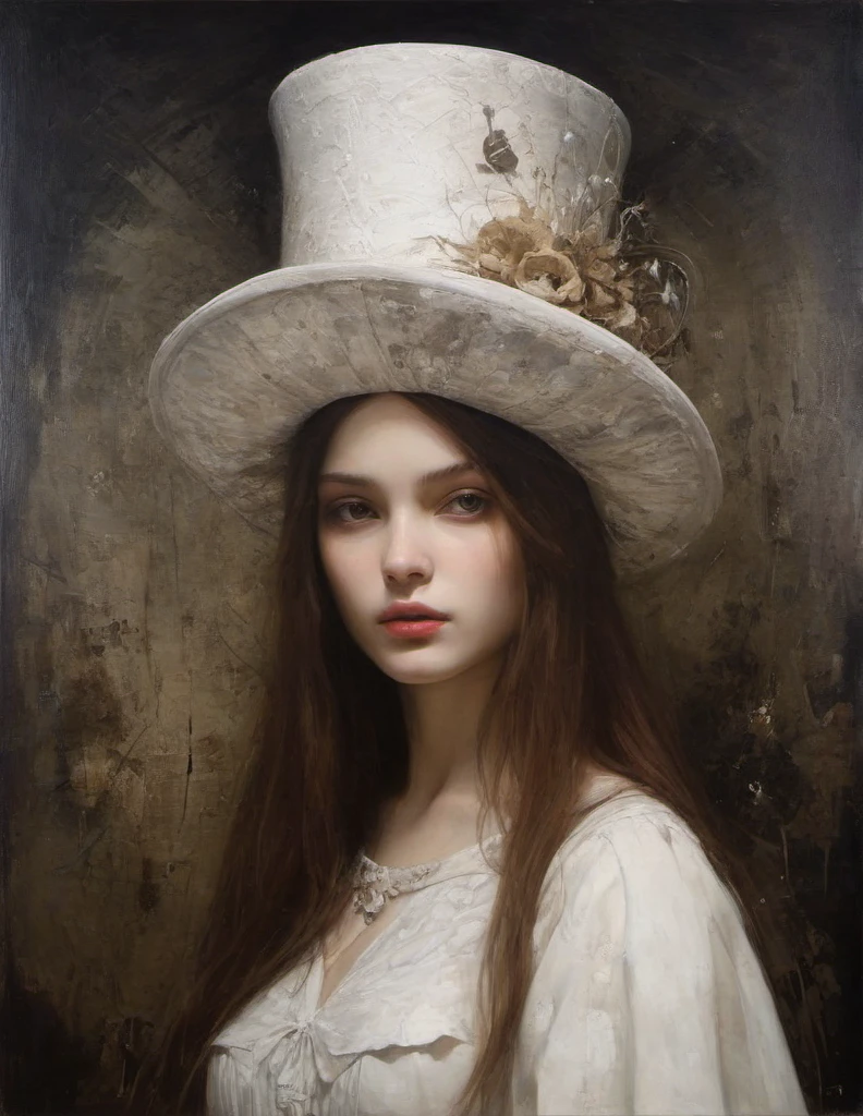 James Gurney, Surrealist art , dream-like, Mysterious, Provocative, symbolic, Complex, detailed,, (Gothic but very beautiful:1.4), (masterpiece, highest quality:1.4) , Nicola Samori Style, young girl with long brown hair, white dress, white hat, automaton