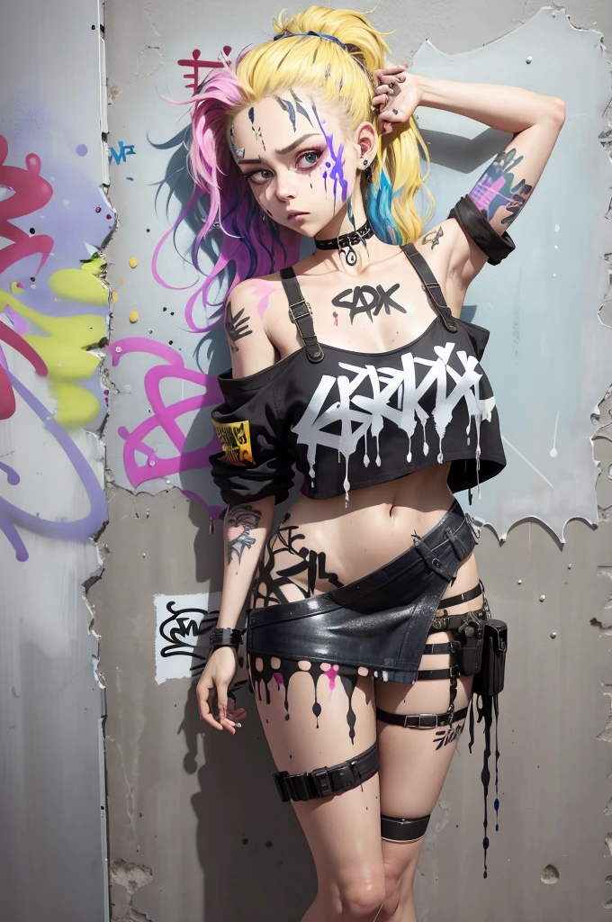 absurdres, best quality,1girl, solo, blonde streaked hair, crop top, mini skirt, choker, (graffiti:1.25), paint splatter, arms behind back, (slouching), leaning back, against wall, (leaning to the side:0.25), looking at viewer, armband, thigh strap, streaked hair, paint on body, upturned eyes, head down, head tilt, (from side:0.75), bored, (expressionless:0.75)