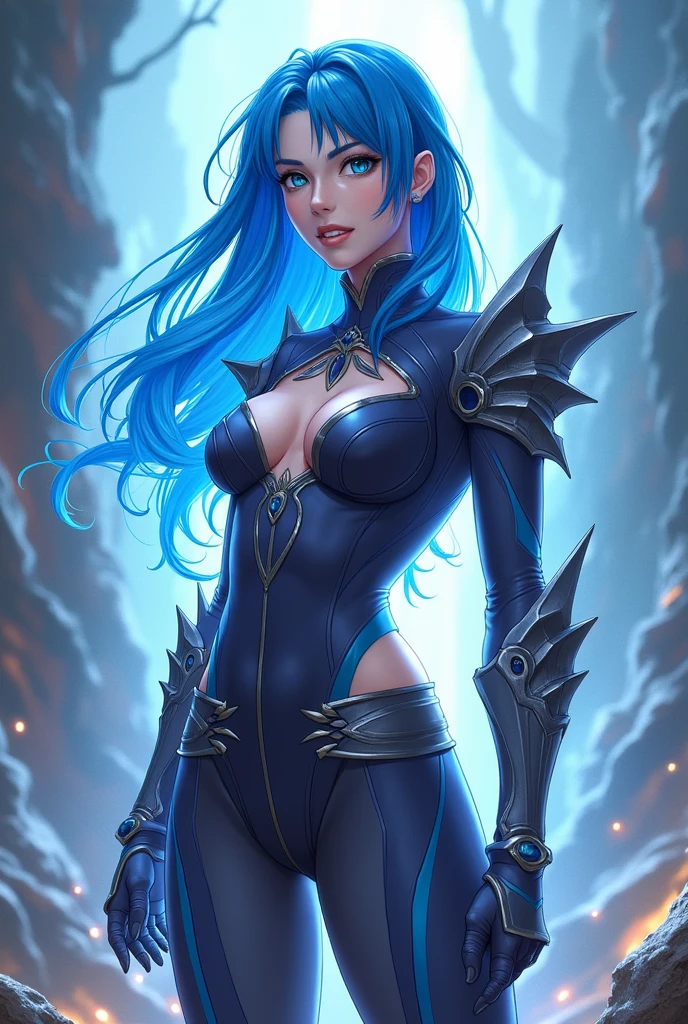 Blue haired hero with slim body 