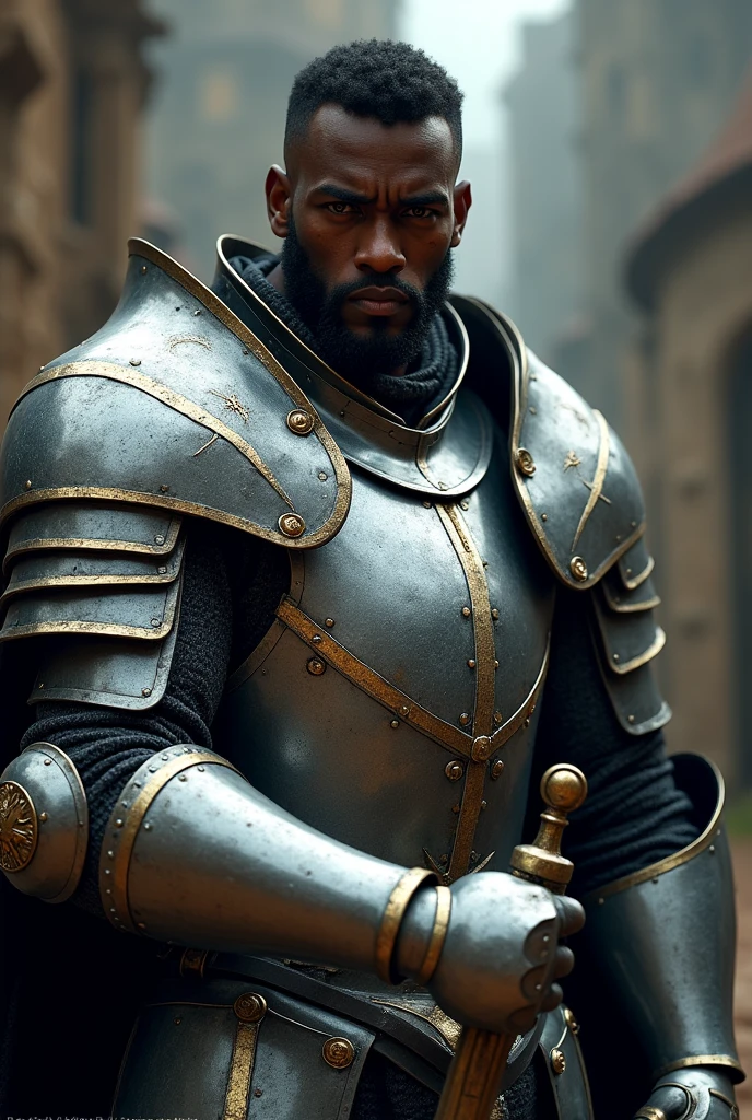 a 3d black african man like from a ps2 video game wearing a silver knights armor