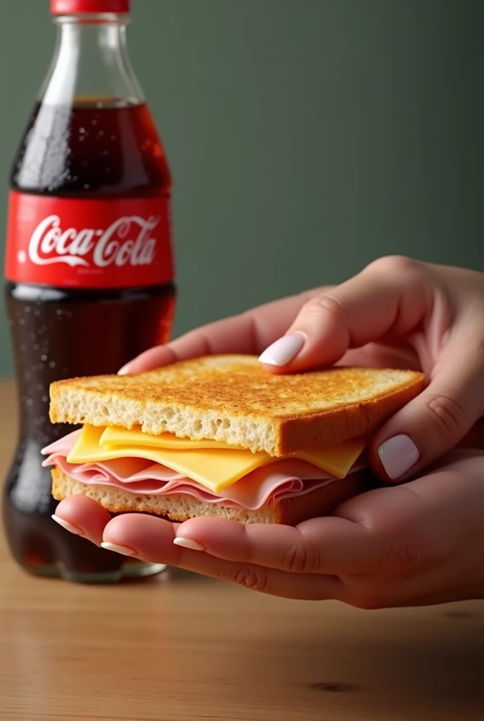 (photorealism:1.2), Craving ham and cheese sandwich with a realistic Coca-Cola to promote 