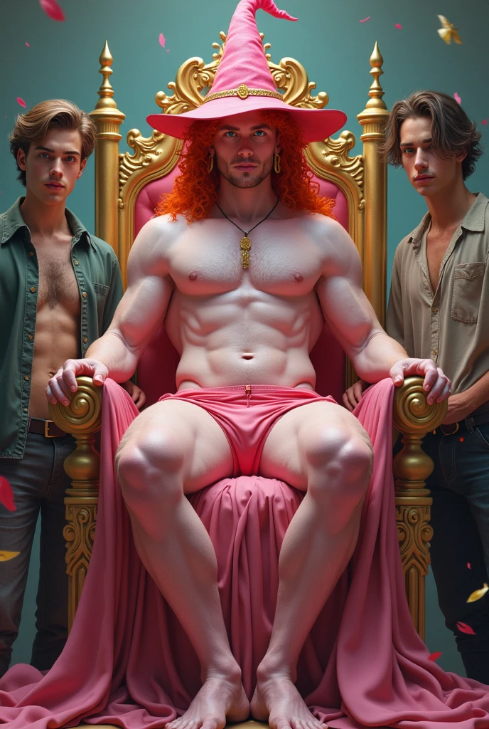 A pinkish white skinned man with pink underwear structure body natural red curly hair with witch hat, 
 very handsome sitting on a golden throne with two other young men by his side