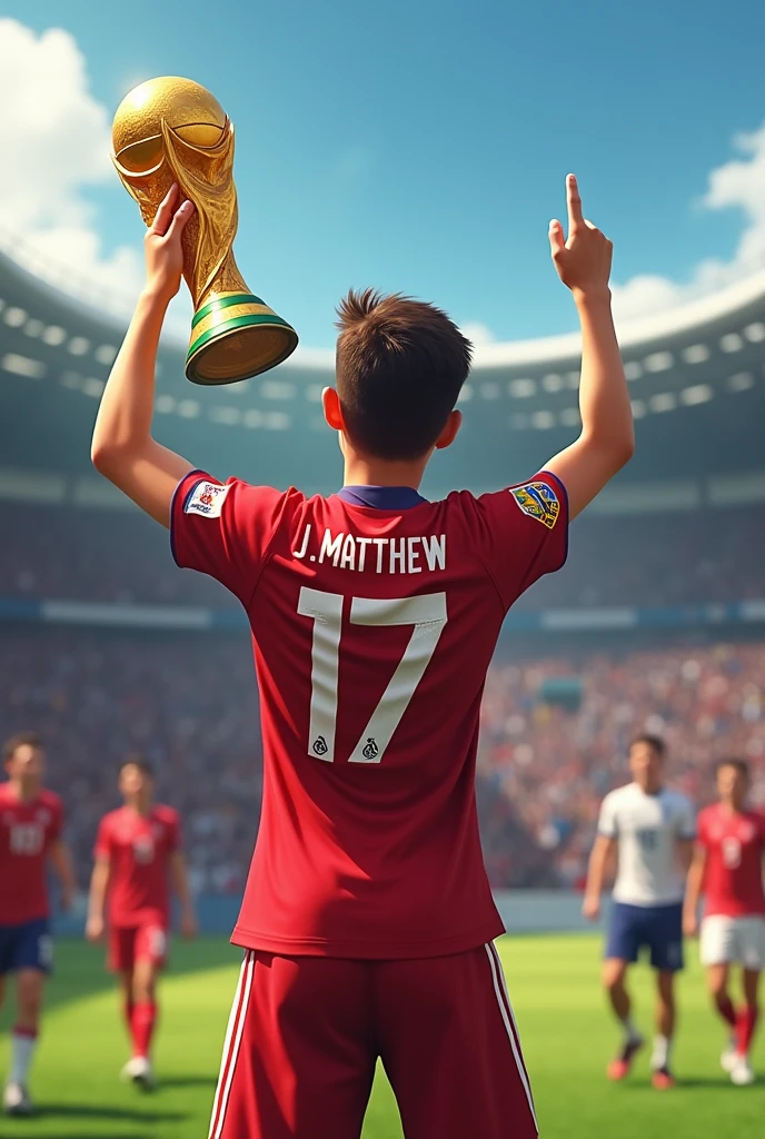 A teenager with the world cup, with the Costa Rica shirt, with the name J.MATTHEW and with number 17
