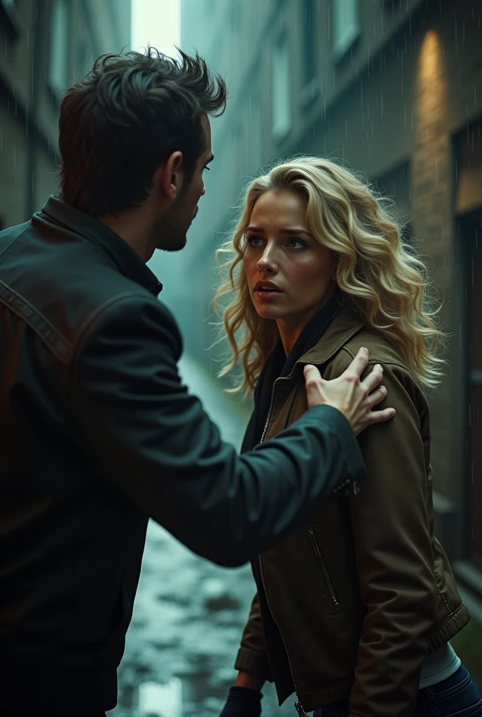 A man pushes a woman away with his hand 