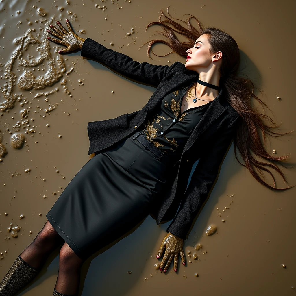 A super realistic photo of one business lady, exuding a slender, model-like appearance with long hair. She is dressed in long and black business pencil skirt made from cotton and wool fabric, black dirty business jacket. vest, shirt, torn stockings, black choker on the neck. She located in very muddy and very flooded field. She lie on her backs and 2 elbows in flirtatious and provocative pose deep in the water and liquid mud, dips her head in the liquid mud and very tears her clothes and gets stuck in mud, but fully clothed in business skirt suit, she smear a lot of liquid mud on own clothes and torn it by hand. All her clothes is dirty, torn, ripped and sloppy, her skirt and jacket are very stained in a liquid mud and dirt. She look like have played in mud in a large swamp with brown liquid mud, her clothes covered with liquid mud from head to toe. The studio light brilliantly illuminates all her clothes in details, casting small shadows and emphasizing the texture of the mud on her clothes. Please focus on stains of liquid mud on her clothes. View angle of the camera from top and from backs of the business lady and rotated left.,