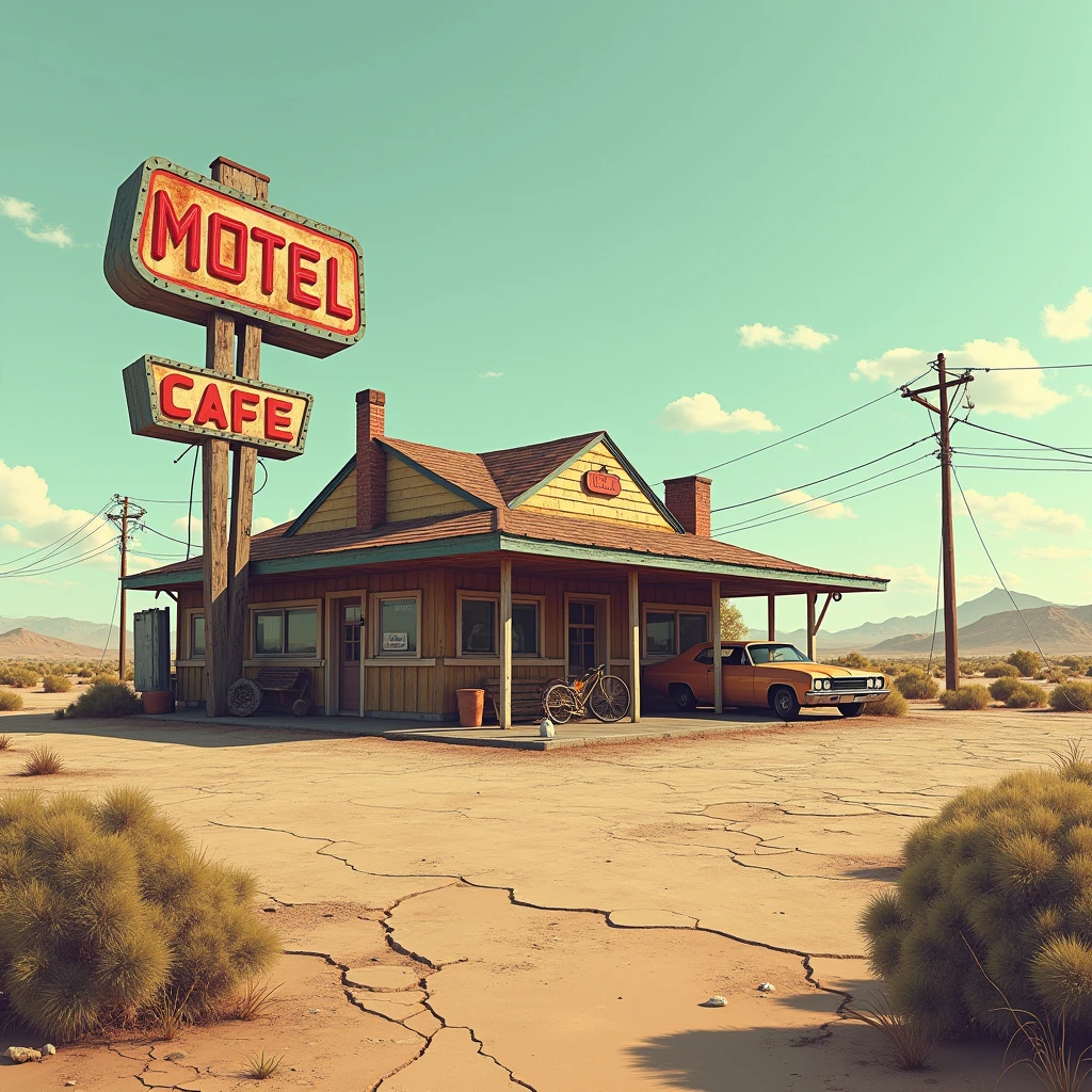 a classic roadside motel and cafe. The setting suggests a desert landscape with town in the distance, a vintage Americana vibe, Zombie post apocalypse, Realistic photo
