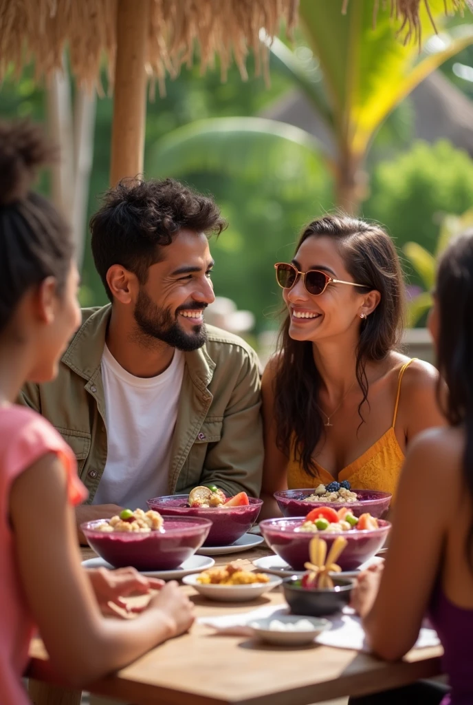 Realistic Man and Girlfriend 25-35 years old, In Mexico eating açaí in a bowl  , with friends Ultra HD, high qualiy, best qualityer, high resolution, 8k, 16K
