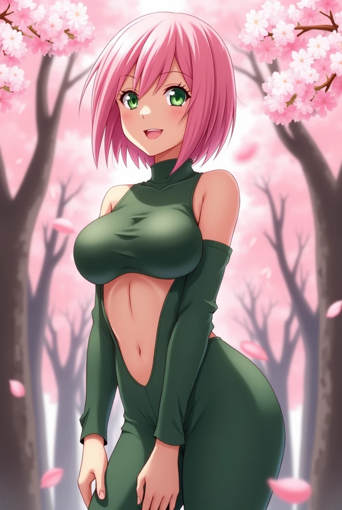 head of'artwork, La meilleure qualité au mieux, 1fille, sakura haruno, mediuml breasts, ssmile,with pink hair, cheveux courts et blancs, (Globes oculaires verts:1.4), Protection du front, the cherry trees,Flying cherry blossoms,Thigh slit, green short tight pants , tenue du corps, Sexy Tight Short Pants,