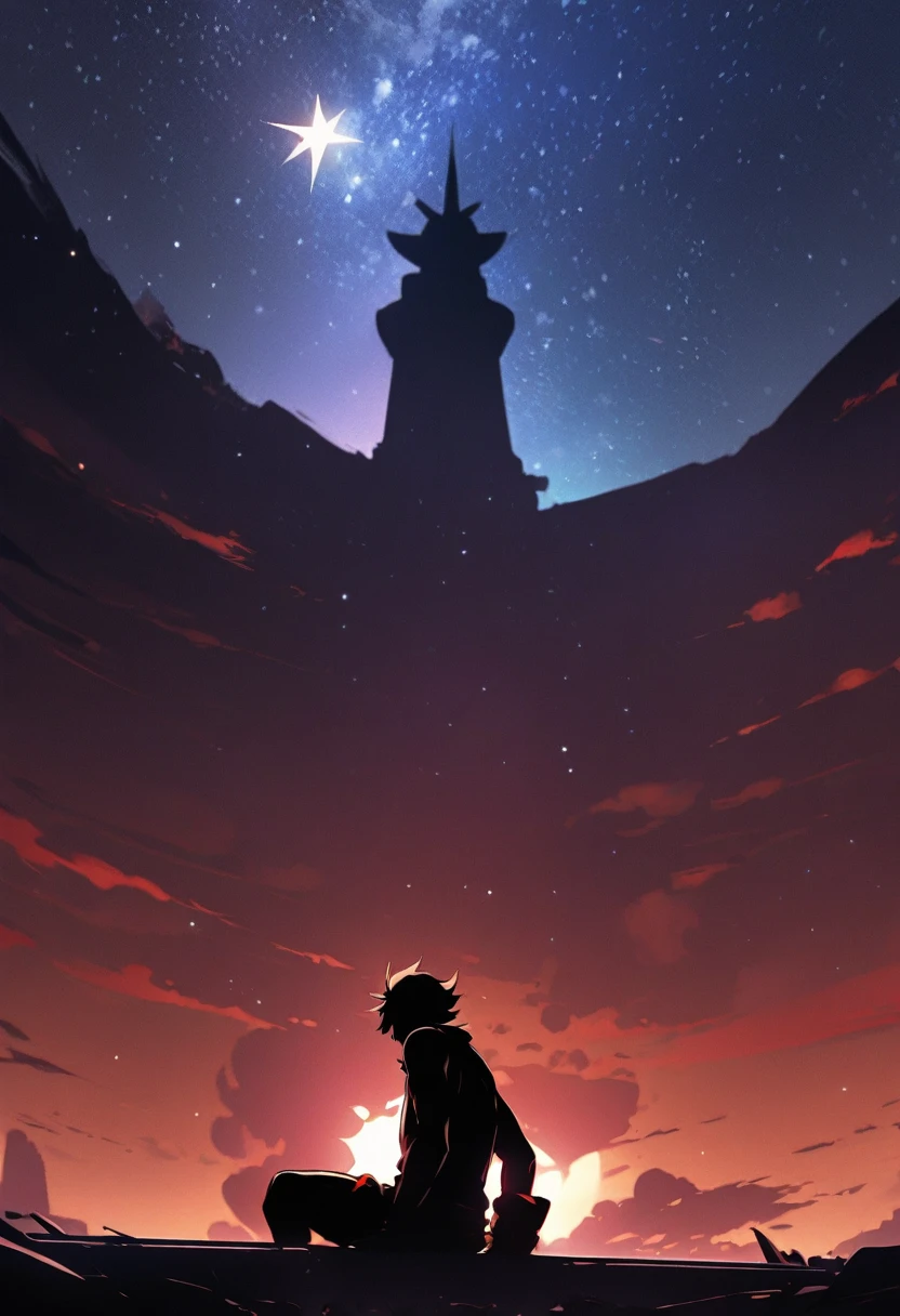 Highest quality,masterpiece,Ultra-high resolution,One Boy、Gurren Lagann、simon、Under a star-filled sky、silhouette、Sit back and look up at the sky、I have a small drill、Gainax-like depiction