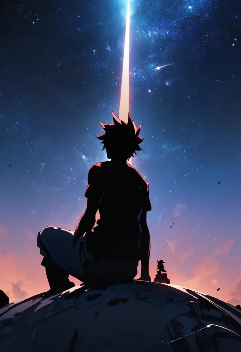 Highest quality,masterpiece,Ultra-high resolution,One Boy、Gurren Lagann、simon、Under a star-filled sky、silhouette、Sit back and look up at the sky、I have a small drill、Gainax-like depiction