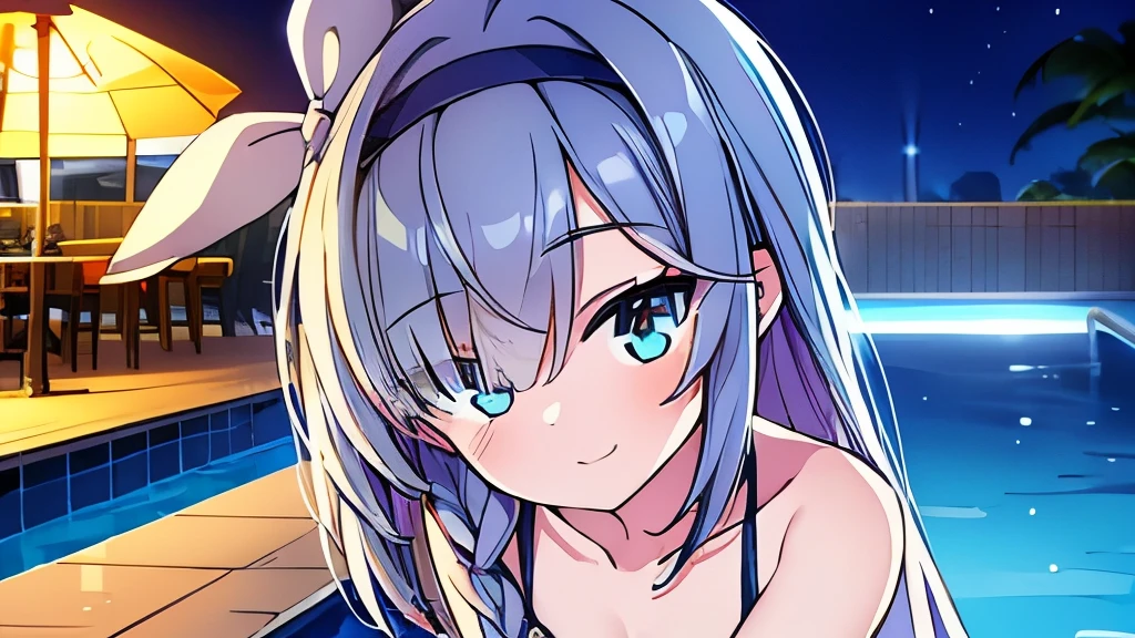 ((masterpiece)), ((best quality)), (ultra-detailed), pool, night, a cute girl, 1girl, solo, bikini, ((beautiful eyes)), smile