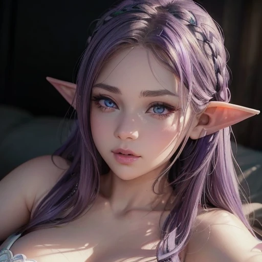 ((Best quality, masterpiece, 4k, best anatomy)), cute girl, (violet hair), ((very long curly hair)), perfect face, (yellow eyes), ((naked)), ((flat breasts)), ((21 years old)), skindentation, extreme detail, attractive angular face, red lips, pink nipples, glossy skin, detailed hair, face focus, close-up chest, ornamental gold necklace, gold earrings, ((1 girl)), embarrassed expression, elf ears, innocent smile, (()), ((slender)),