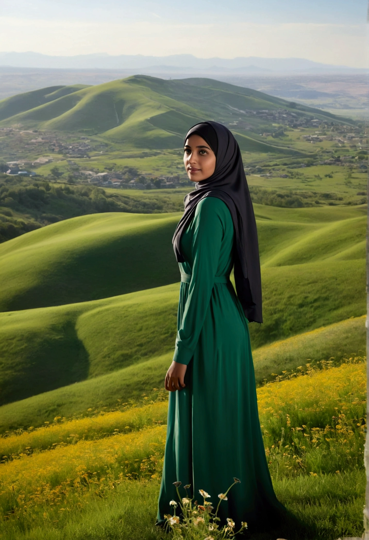 Sure! Here's a prompt you can use to generate the image:

"A highly realistic scene of a Muslim girl standing on top of a hill, facing a vast and expansive landscape. She is wearing a modest dress and a flowing hijab. The hilltop is covered in green grass and wildflowers. In front of her, the view opens up to a wide panorama of rolling hills, valleys, and distant mountains under a clear, bright sky. The sunlight enhances the natural beauty of the scene, making the landscape appear endless and majestic."