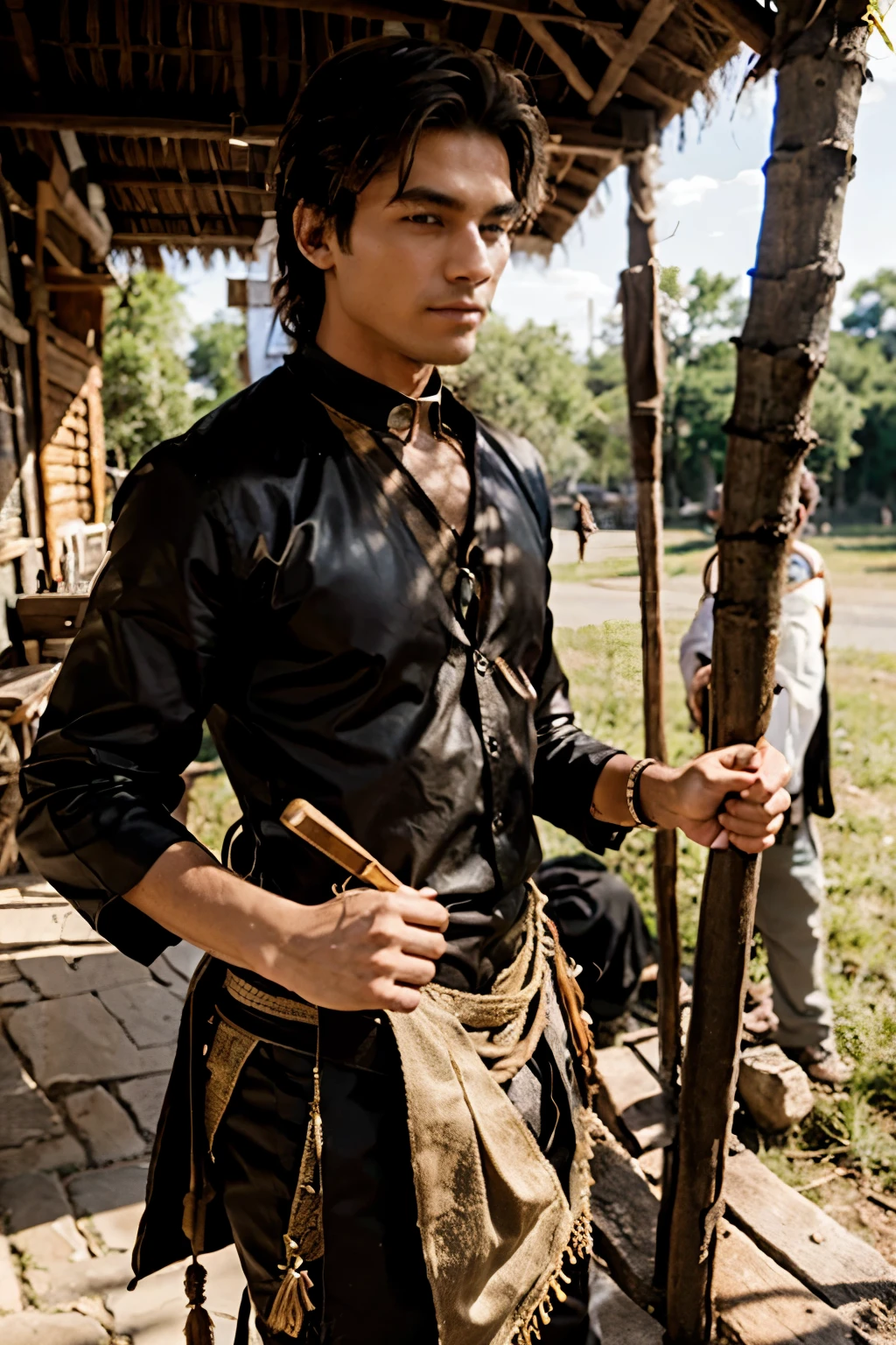 HE IS A MALE DANCER FROM A DANCE WHERE HE MAKES PAYMENT TO NATURE, HUNTER AND THEY HAVE A STONE AGE CLOTHING,NOMADIC. DETAIL THE CLOTHING AS MUCH AS YOU CAN.