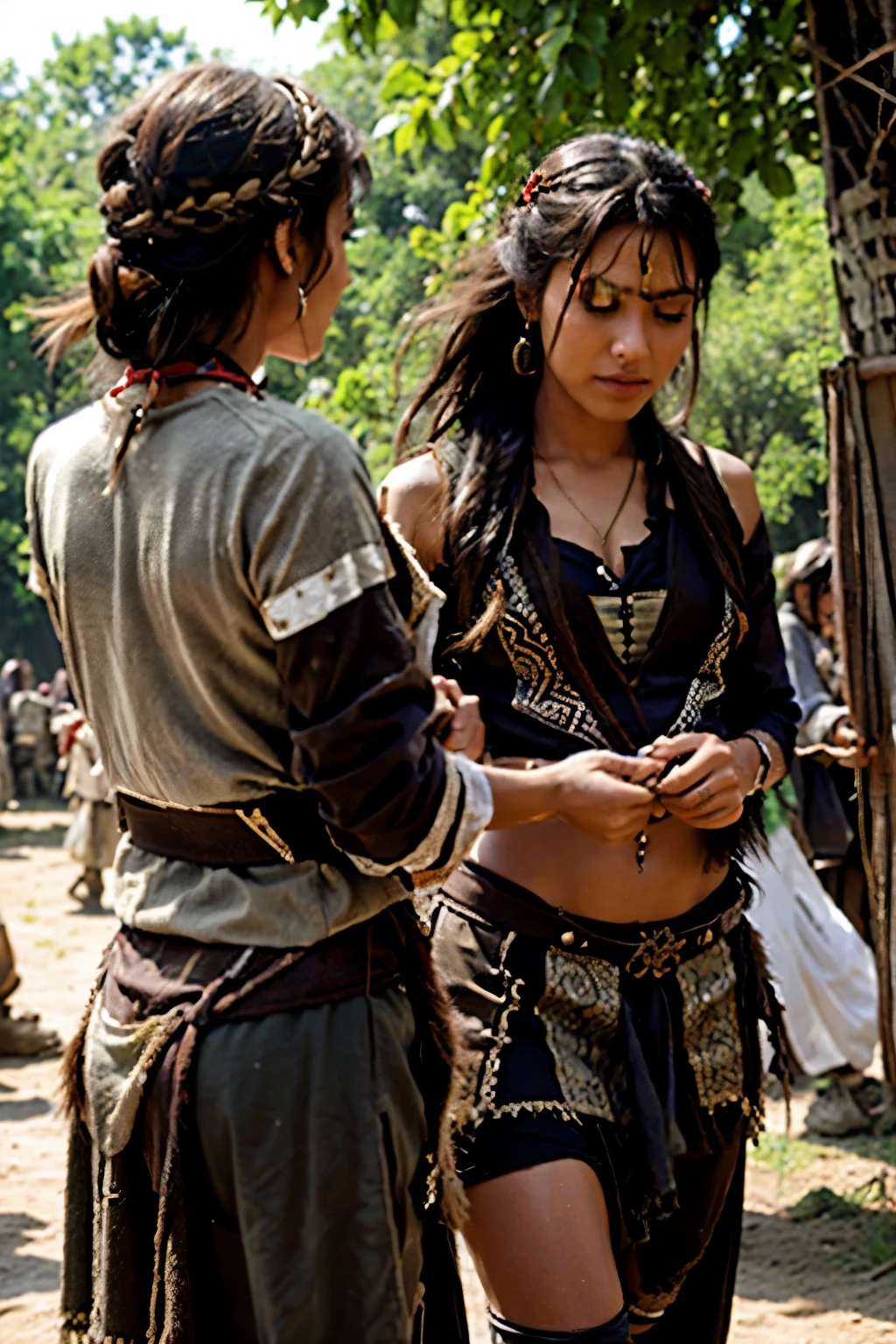 THEY ARE DANCERS IN A DANCE WHERE THEY MAKE PAYMENT TO NATURE, THESE ARE HUNTERS AND THEY HAVE STONE AGE CLOTHES, They are nomads. DETAIL THE CLOTHING AS MUCH AS YOU CAN