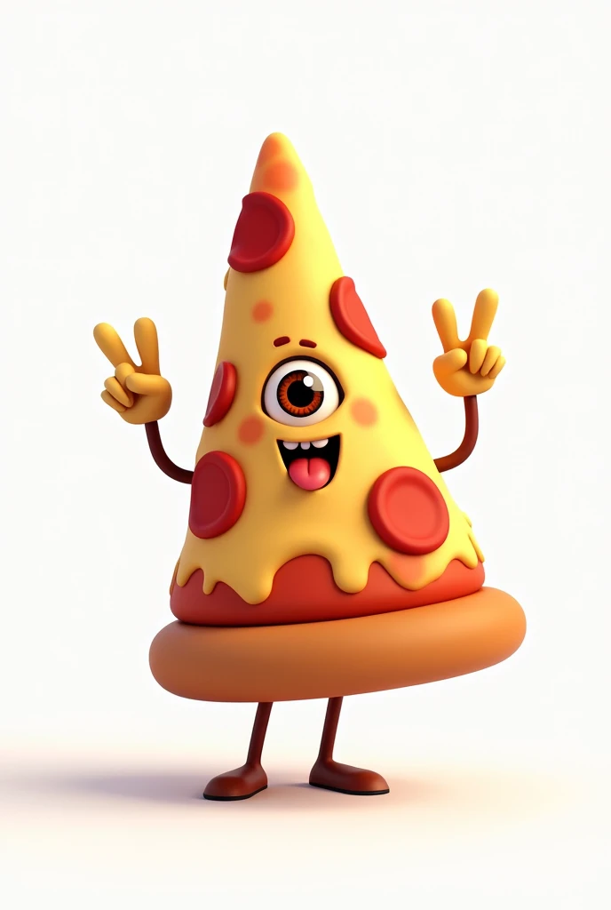 **Slice of CARTOON STYLE animated pizza that looks pretty and has a very serene appearance, WITHOUT A MOUTH OR SMILE, just one eye in the center of an inverted triangle with the main vertex pointing up, sticking out its tongue like the Rolling Stones logo, NOT CREEPY OR TERRIFYING, with melted cheese. The triangular slice resembles the Illuminati symbol, and in one hand, it is clearly making the rock horns gesture.** It looks like a cartoon, with amazing 4k quality colors, a white background, and well-cast shadows where they need to be. Let it be a pepperoni pizza that is standing, with melted cheese.