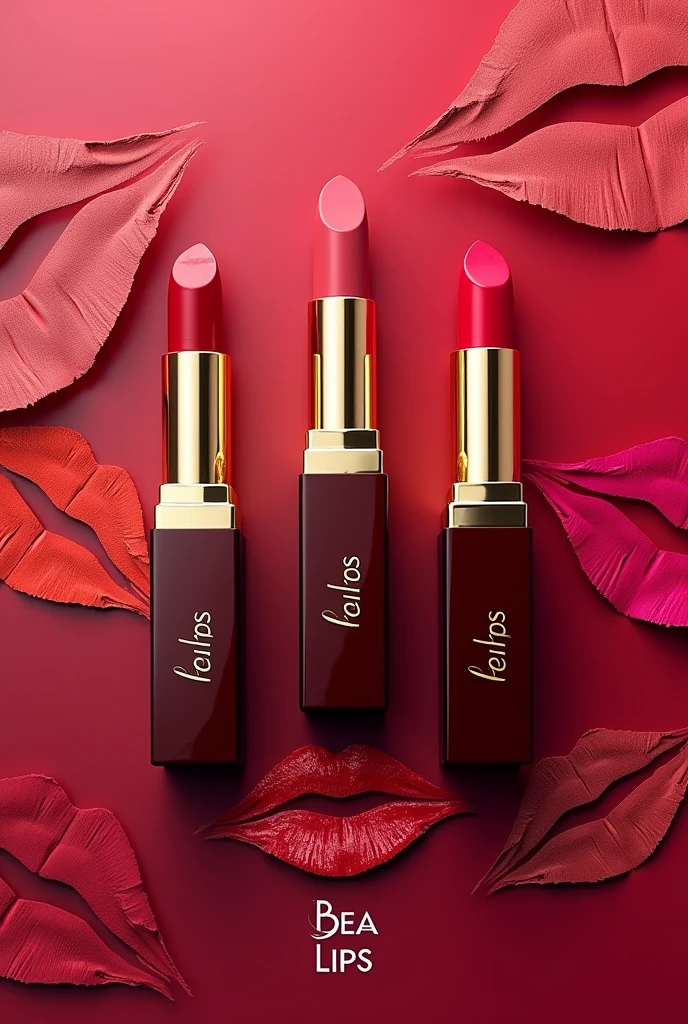Lipsticks that have the logo of a kiss and the brand "BEA lips" written at the bottom for advertising but the background is the color of lipsticks (only lipsticks less people)