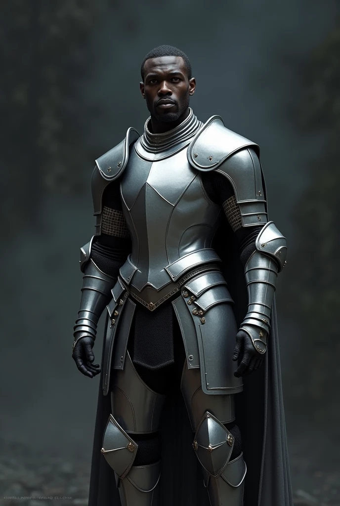 a 3d black african man (final fantasy 3d) wearing a silver knights armor( no gold) against a dark background