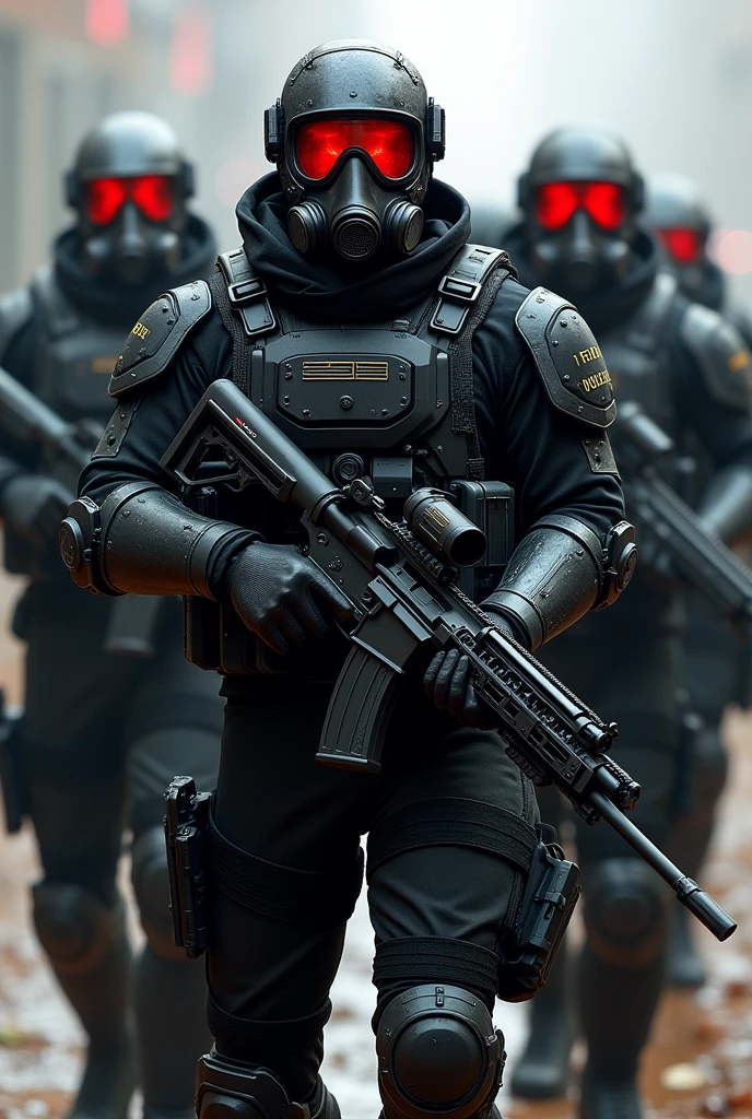 Several Soldiers in gas masks with red visors, carrying a heavy machine gun shotguns sniper rifles, very heavy military armor is strong, black uniform armor is full of vests