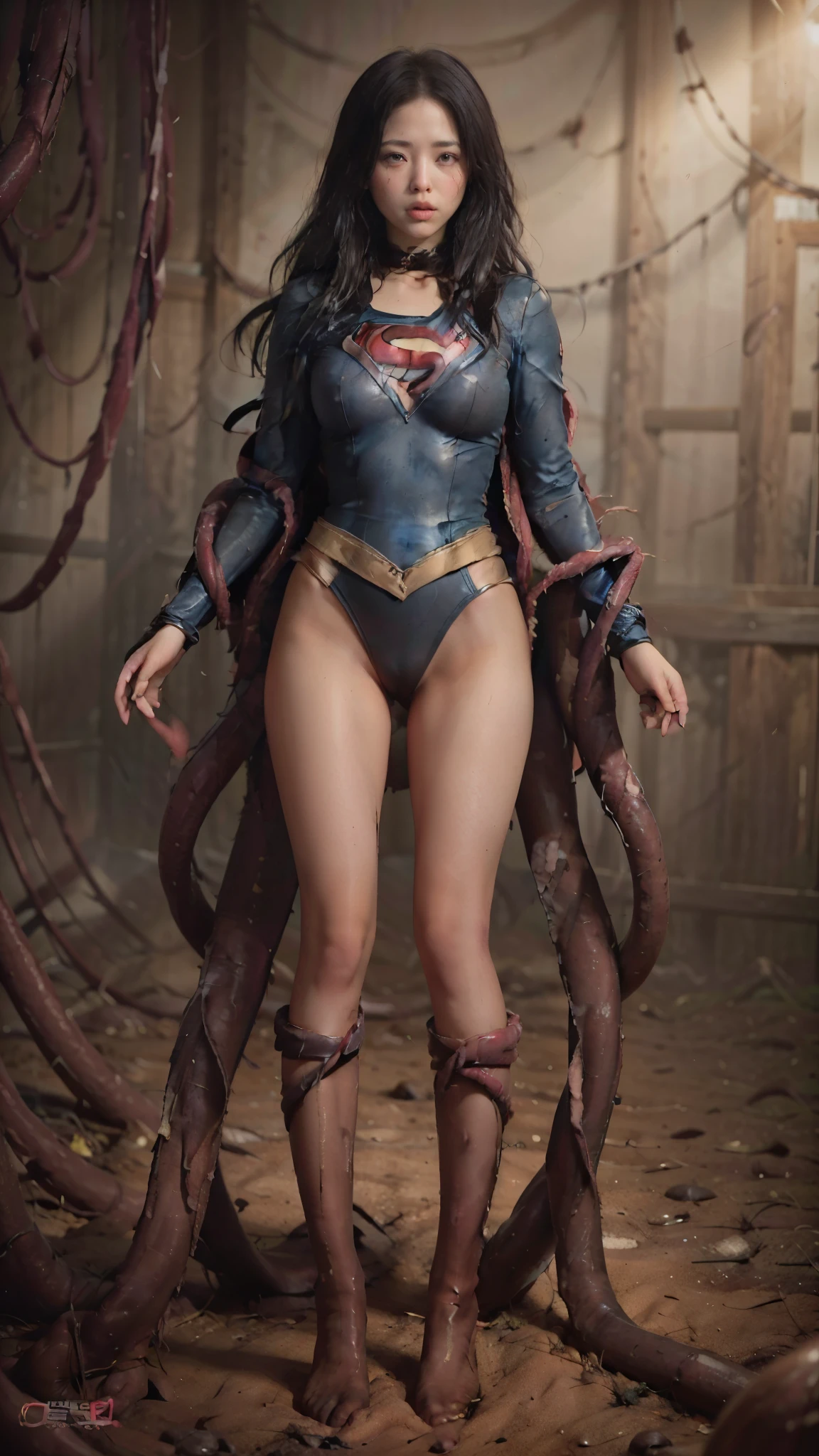 No background、I close my eyes and suffer、Supergirl is attacked by tentacles、Tentacle nest、Many tentacles pierce the crotch、Be sure to wear red boots(((Thick tentacles are digging into my crotch)))、(thick tentacles wrap around the neck:1.3)、Arm gets swallowed by tentacle、(The tentacles swallowed both of her legs.、Spread it wide.:1.9)、Crying Supergirl、Eyes closed、(Insert the tentacles:1.6)、(((Beautiful legs in black tights.)))、(((Legally express your suffering beauty)))、((((Make the most of your original images)))、(((Supergirl Costume)))、(((Beautiful Hair)))、(((suffering)))、(((Please wear black tights....、Be sure to wear red boots)))、((Best image quality、8k))、((Highest quality、8k、masterpiece:1.3))、(((Preserve background )))、Sharp focus:1.2、Beautiful woman with perfect figure:1.4、Slim Abs:1.2、Wet body:1.5、Highly detailed face and skin texture、8k