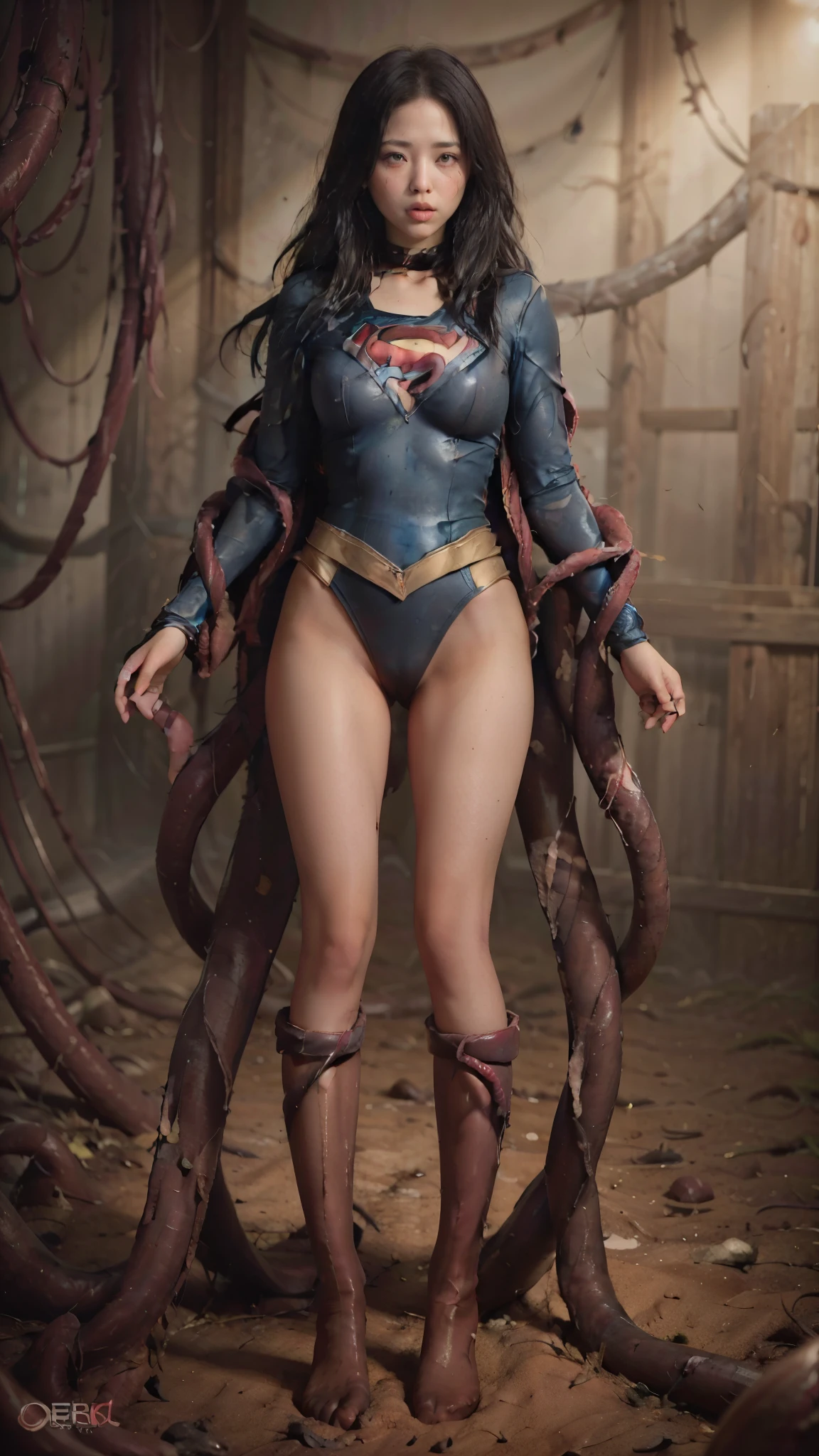 No background、I close my eyes and suffer、Supergirl is attacked by tentacles、Tentacle nest、Many tentacles pierce the crotch、Be sure to wear red boots(((Thick tentacles are digging into my crotch)))、(thick tentacles wrap around the neck:1.3)、Arm gets swallowed by tentacle、(The tentacles swallowed both of her legs.、Spread it wide.:1.9)、Crying Supergirl、Eyes closed、(Insert the tentacles:1.6)、(((Beautiful legs in black tights.)))、(((Legally express your suffering beauty)))、((((Make the most of your original images)))、(((Supergirl Costume)))、(((Beautiful Hair)))、(((suffering)))、(((Please wear black tights....、Be sure to wear red boots)))、((Best image quality、8k))、((Highest quality、8k、masterpiece:1.3))、(((Preserve background )))、Sharp focus:1.2、Beautiful woman with perfect figure:1.4、Slim Abs:1.2、Wet body:1.5、Highly detailed face and skin texture、8k