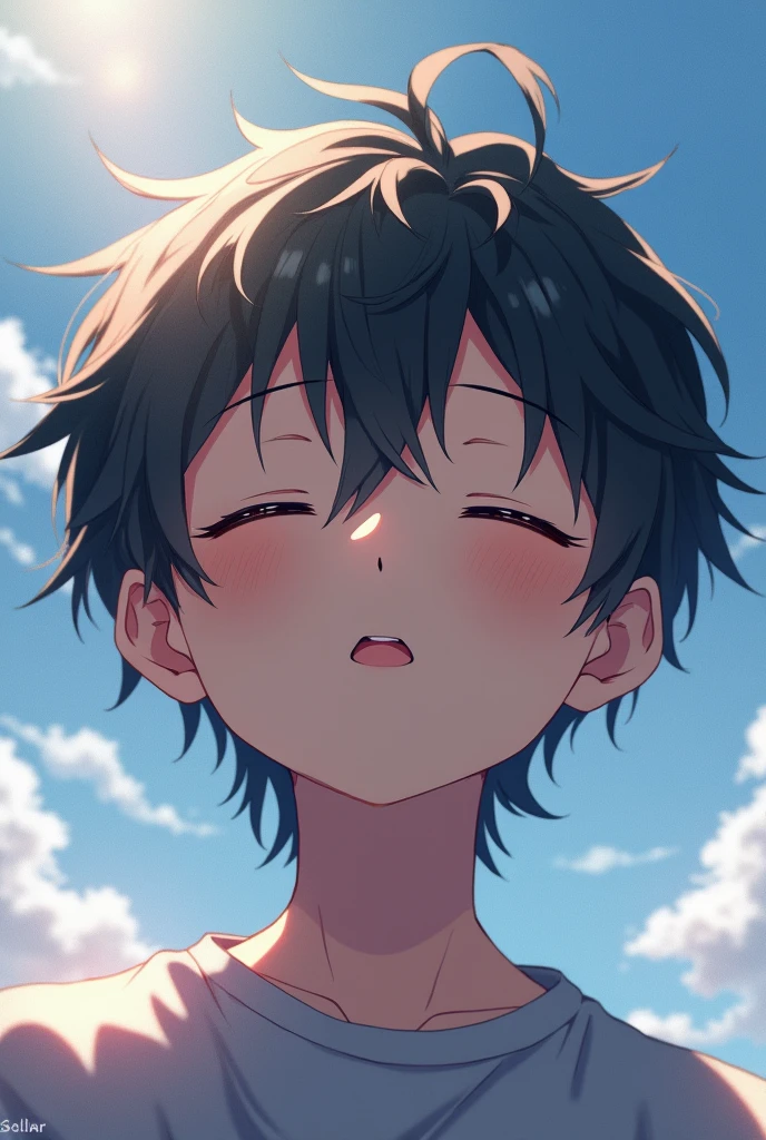 (Shota:1.5), (baggy:1.4), (Black tank top:1.3), (White Boxer Briefs:1.3), (bulge&erection:1.2), (Looking up:1.4), The wind is blowing, (((Highest quality))), (((masterpiece))), (((Super detailed))), (skinny:1.3), (short hair)), (The wind is blowing), ((Blue Hair)), Wine red eyes, Raise your arms, ((smile)),  (Open your mouth), ((Earrings)), blue sky, Grass, (Choker on neck), Underarm, Sweaty skin, ((Wet clothes)), Nipples, center, (Shooting from below),