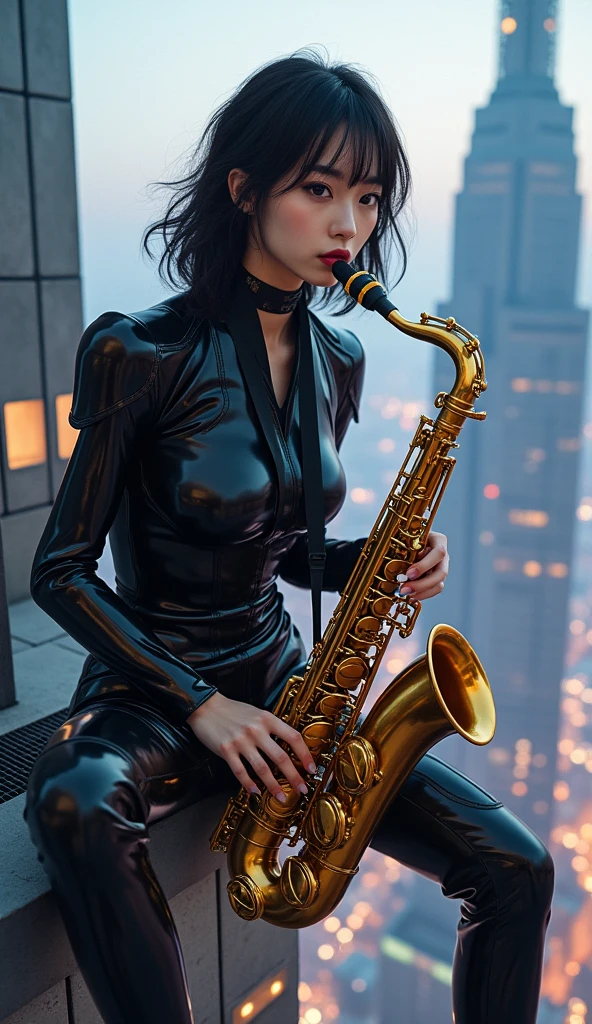 photo-realistic, ultra-realistic, very beautiful Japanese, famous Japanese idol, 25 years old, dramatic scene, masterpiece, beautiful eyes, playing the sax at the top of the tallest building, skyscrapers, cyber punk mecha armor suits, dynamic pose, dynamic angle, sitting on the dangerous edge