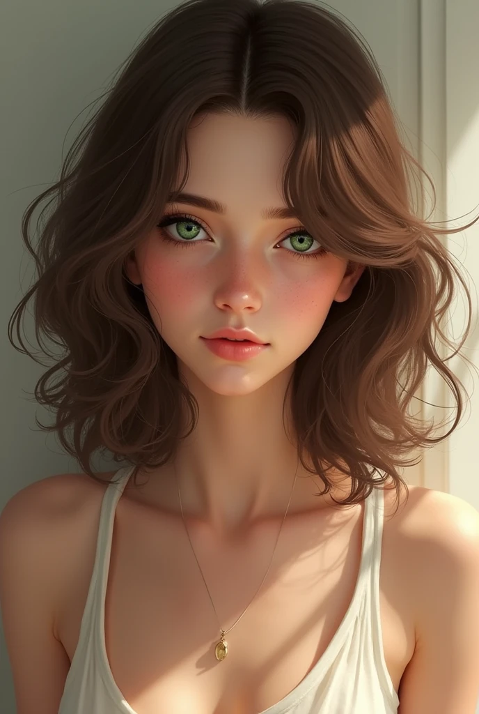 (masterpiece), best quality, expressive eyes, perfect face, ((beautiful face)), big breasts, cleavage, sexual, bikini, green eyes, brown hair, bangs, hair over one eye, pale skin, freckles