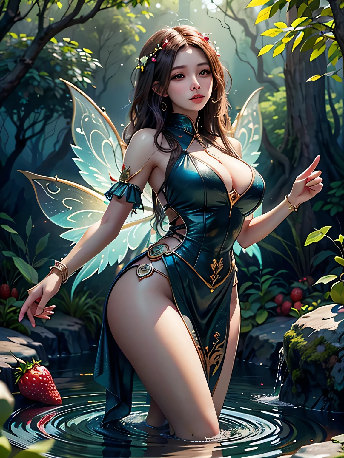 fairy tale,
(RAW Photos、Realistic、Super detailed)、(High resolution:1.37)、(masterpiece、Highest quality、8k)、(Ultra-Details)、Angle from below、(Perfect Anatomy:1.3)、Beautiful Eyes、Beautiful and well-proportioned face、(Strawberry Fairy)、One fairy girl、View your viewers、Nikoli、(A single giant strawberry grows, twice the size of your head)、(Super hourglass body type:1.3)、(Super big breasts pointing upwards:1.3)、Gauze mini dress、(Super see-through)、(Increased transparency)、Ultra-thin and delicate fairy wings、Near the spring deep in the forest、mossy rock、water flowing、wood々Sunlight shining through the gaps、magical realism、Sexy acrobatic pose with legs apart、Concept Art